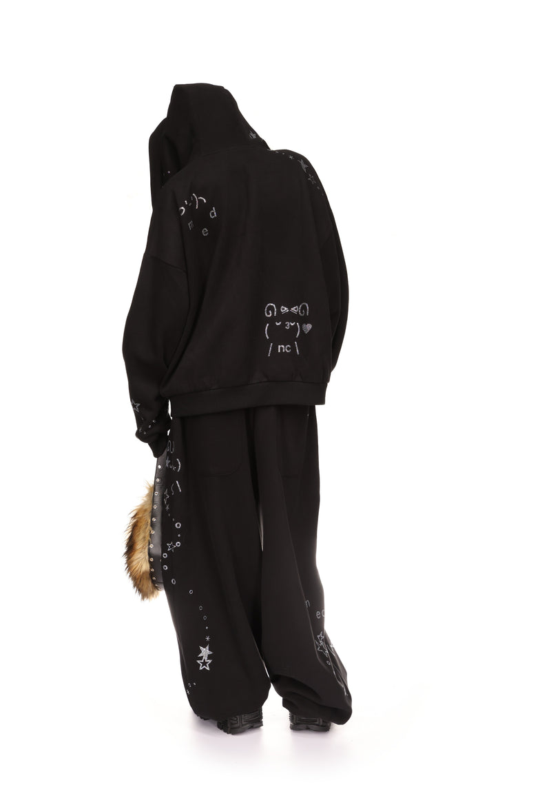 MALFUNCTION RHINESTONE ZIP HOODIE BLACK (DETACHABLE EARS)
