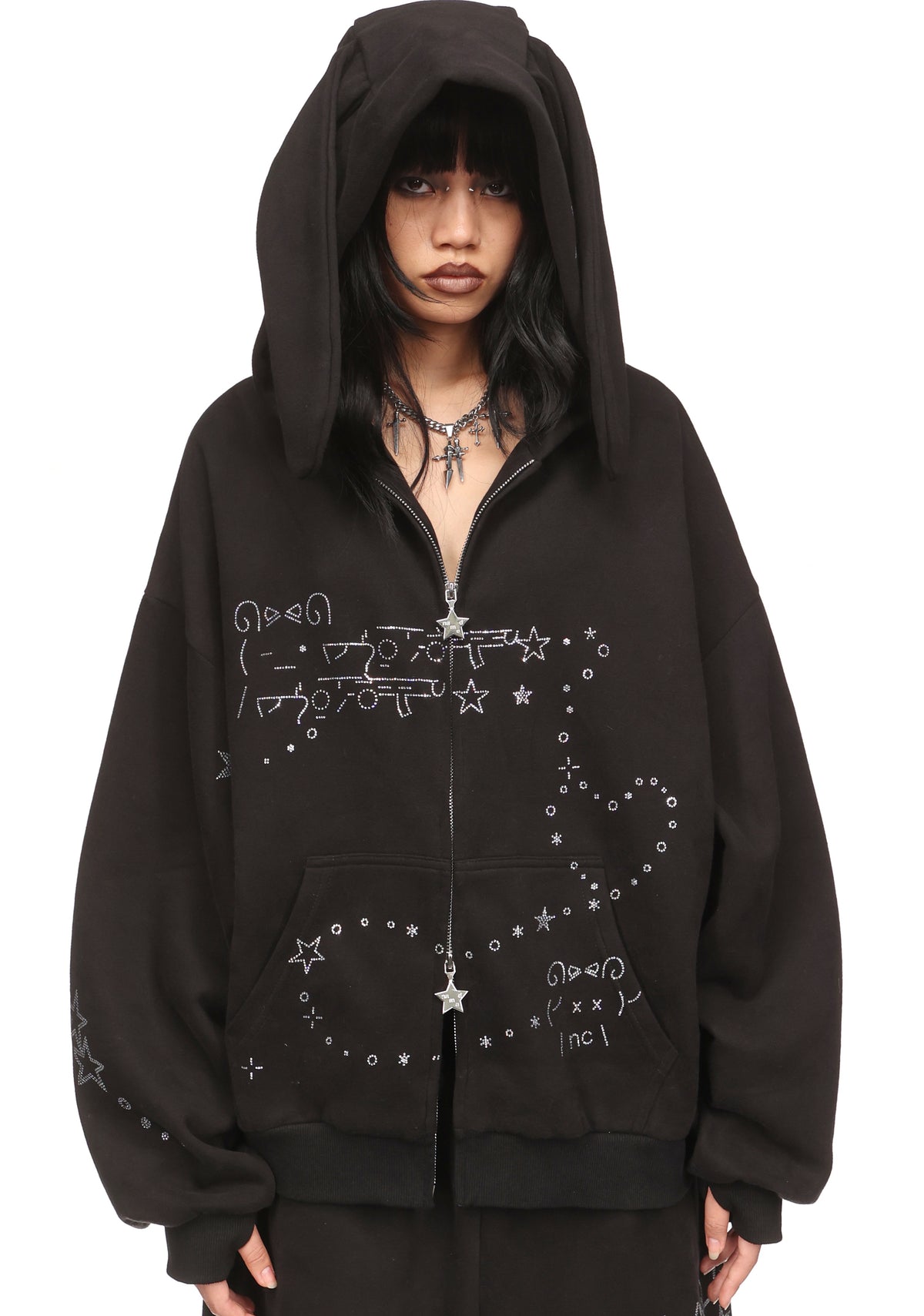MALFUNCTION RHINESTONE ZIP HOODIE BLACK (DETACHABLE EARS)