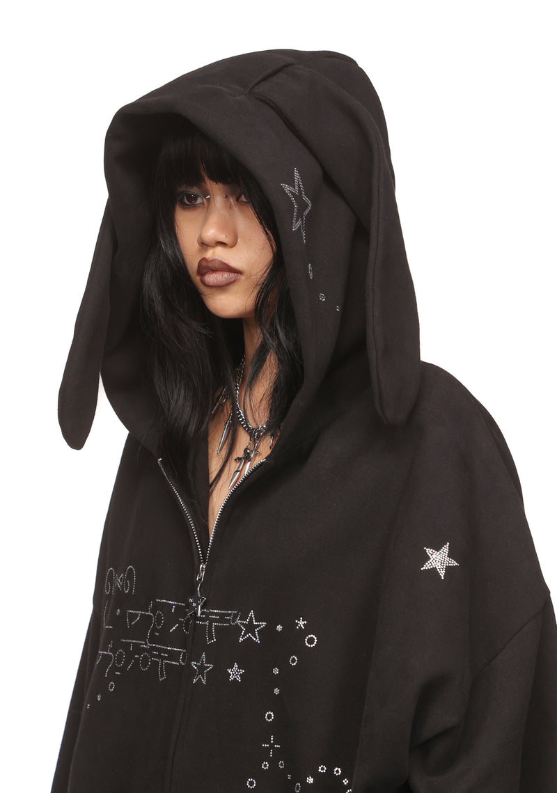 MALFUNCTION RHINESTONE ZIP HOODIE BLACK (DETACHABLE EARS)
