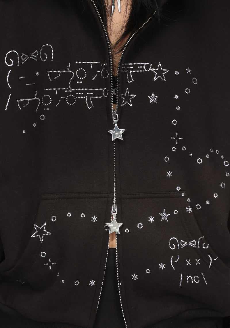 MALFUNCTION RHINESTONE ZIP HOODIE BLACK (DETACHABLE EARS)