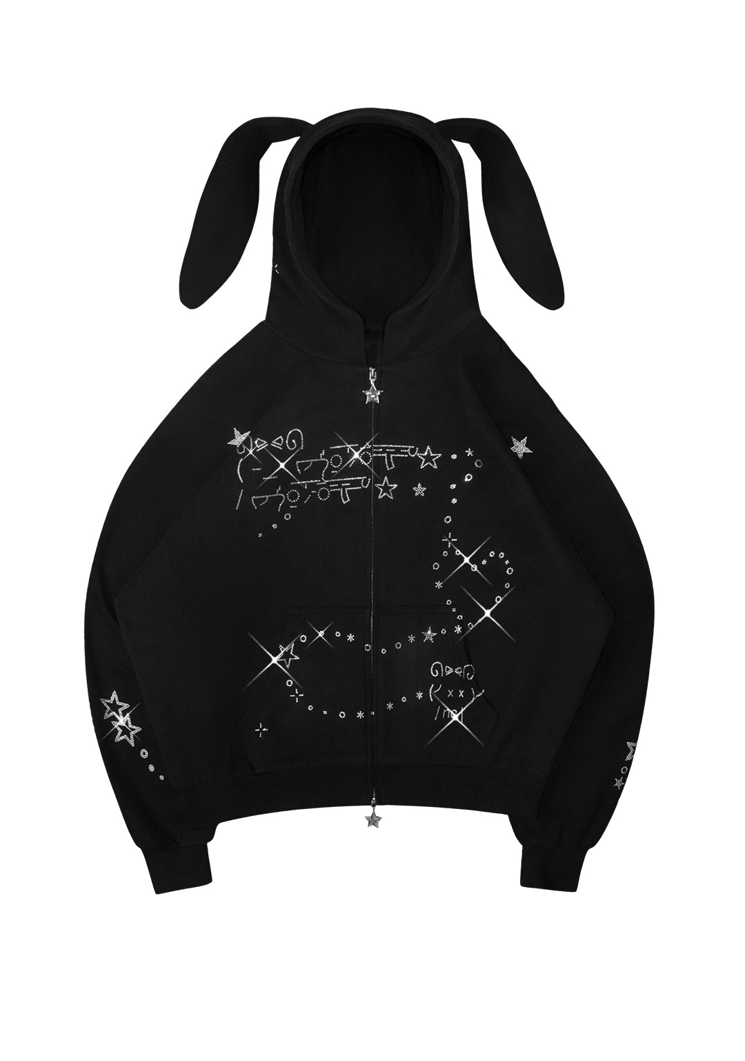 MALFUNCTION RHINESTONE ZIP HOODIE BLACK (DETACHABLE EARS)