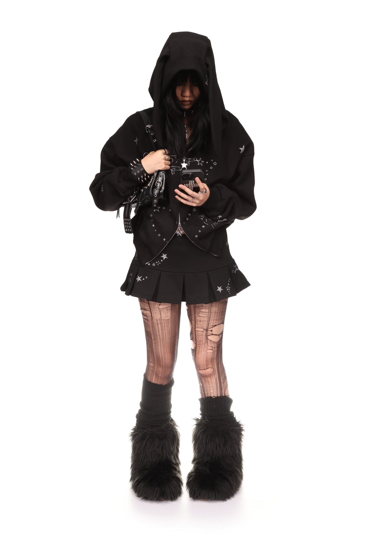 MALFUNCTION RHINESTONE PLEATED MINI SKIRT BLACK