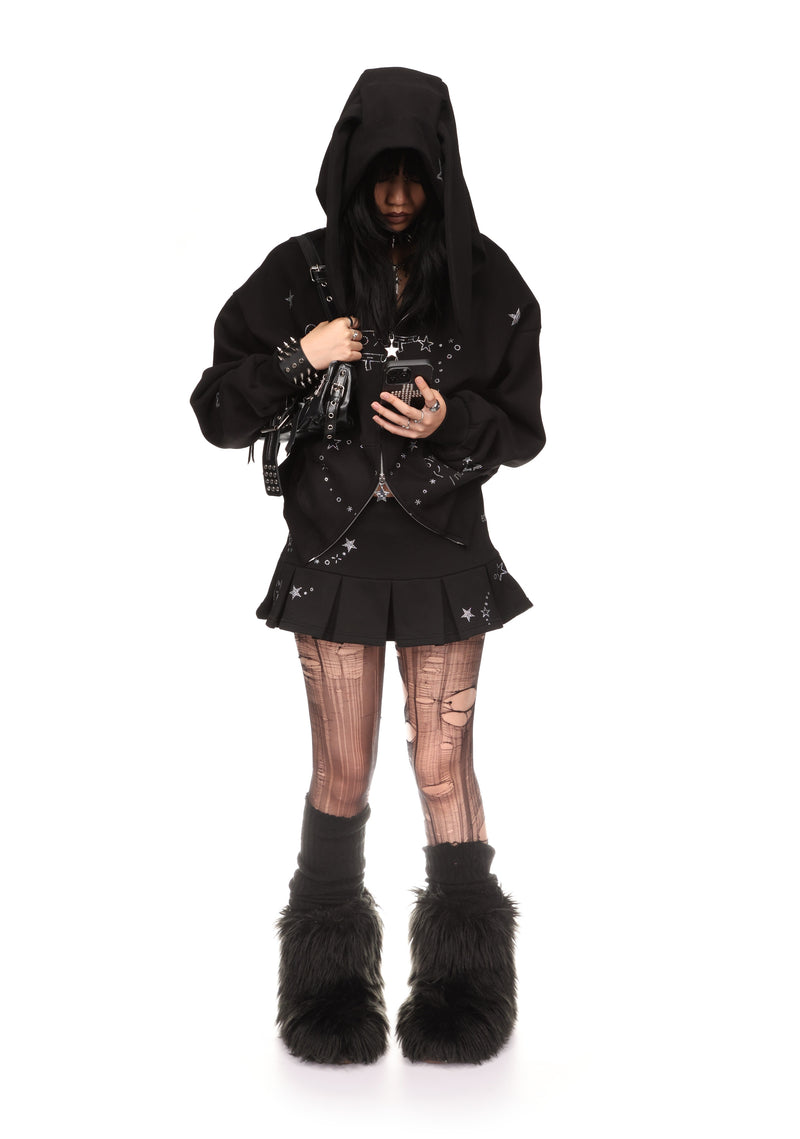 MALFUNCTION RHINESTONE PLEATED MINI SKIRT BLACK