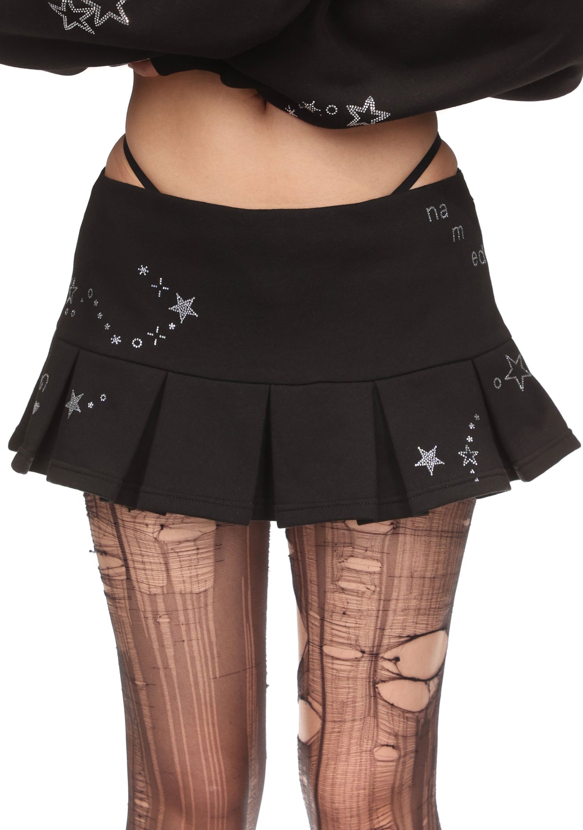 MALFUNCTION RHINESTONE PLEATED MINI SKIRT BLACK