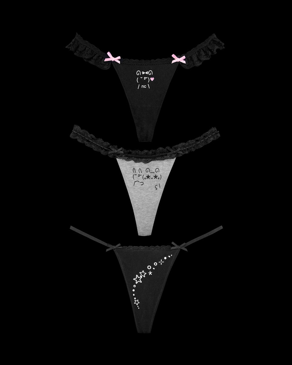 Three MALFUNCTION THONG BLACK AND GREY MARL by NAMED COLLECTIVE®, ruffled-edge, printed thongs on a black background.