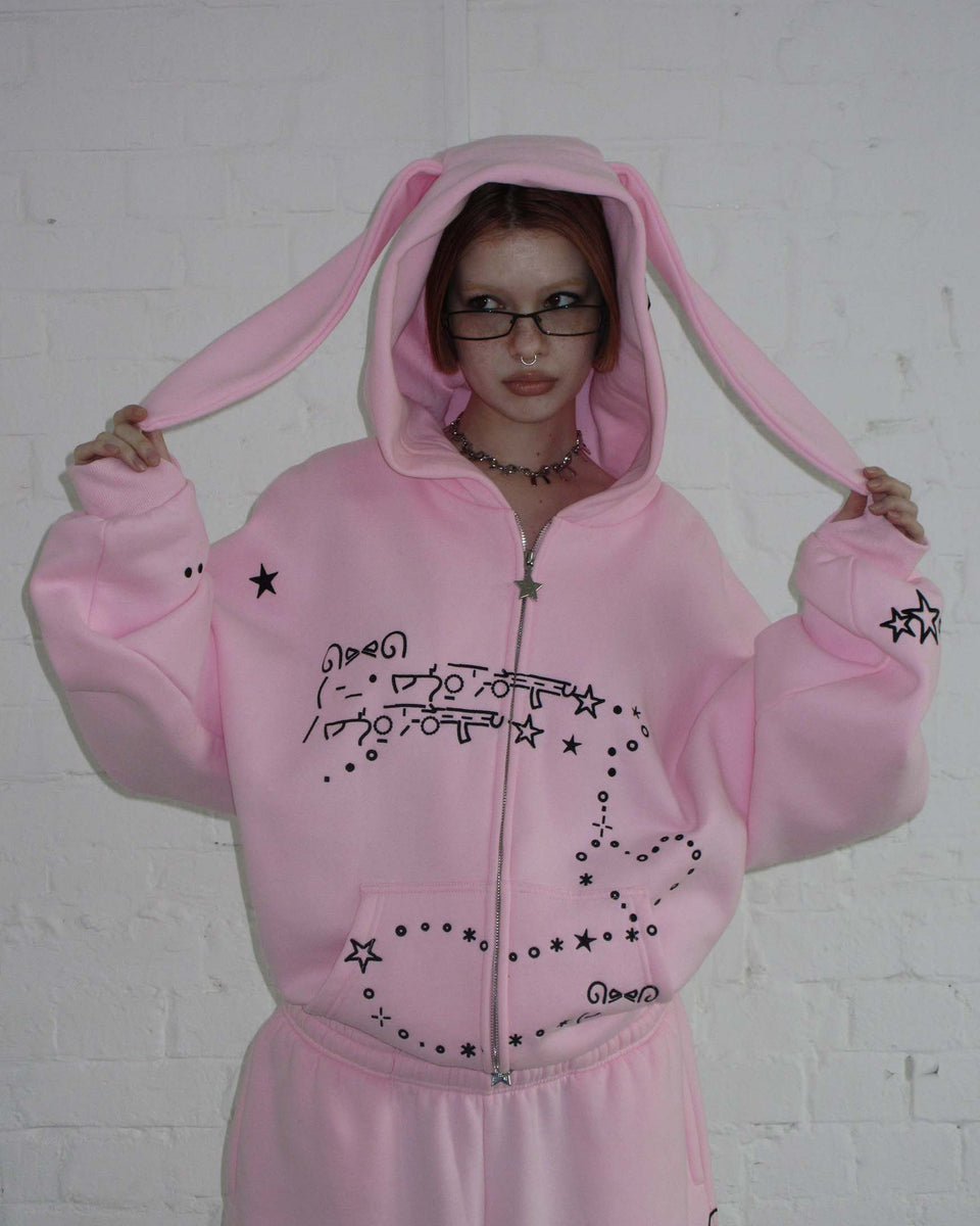 MALFUNCTION BUNNY ZIP HOODIE BABY PINK (DETACHABLE EARS)