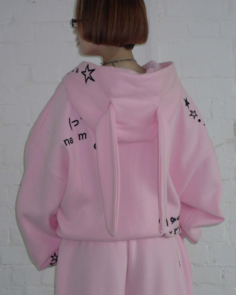 MALFUNCTION BUNNY ZIP HOODIE BABY PINK (DETACHABLE EARS)