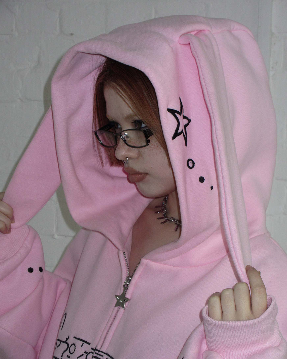 MALFUNCTION BUNNY ZIP HOODIE BABY PINK (DETACHABLE EARS)