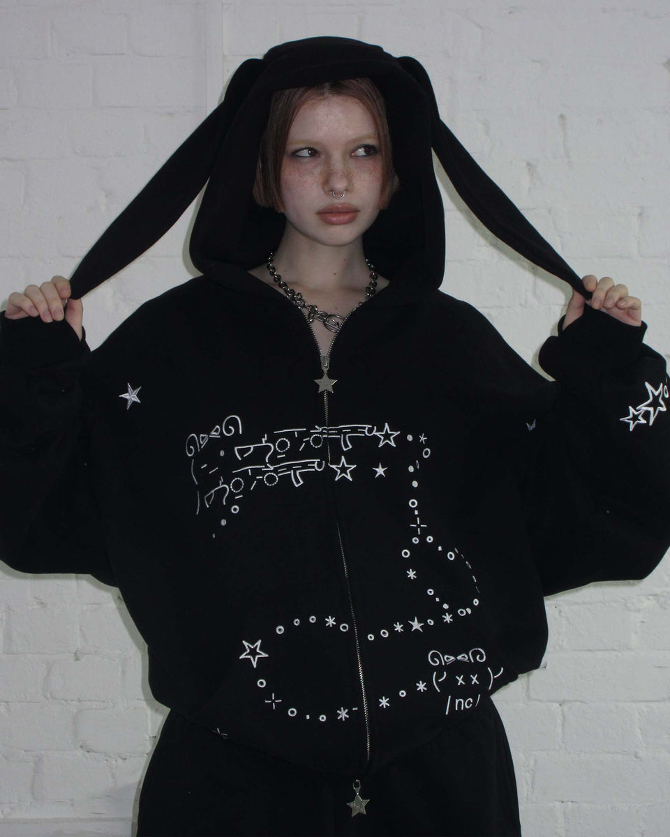 MALFUNCTION BUNNY ZIP HOODIE BLACK (DETACHABLE EARS)