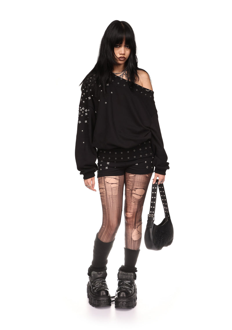 MIDNIGHT STUDDED OFF THE SHOULDER SWEATER BLACK
