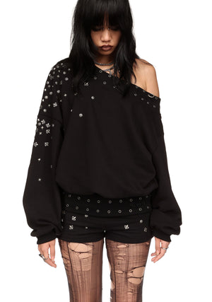 MIDNIGHT STUDDED OFF THE SHOULDER SWEATER BLACK