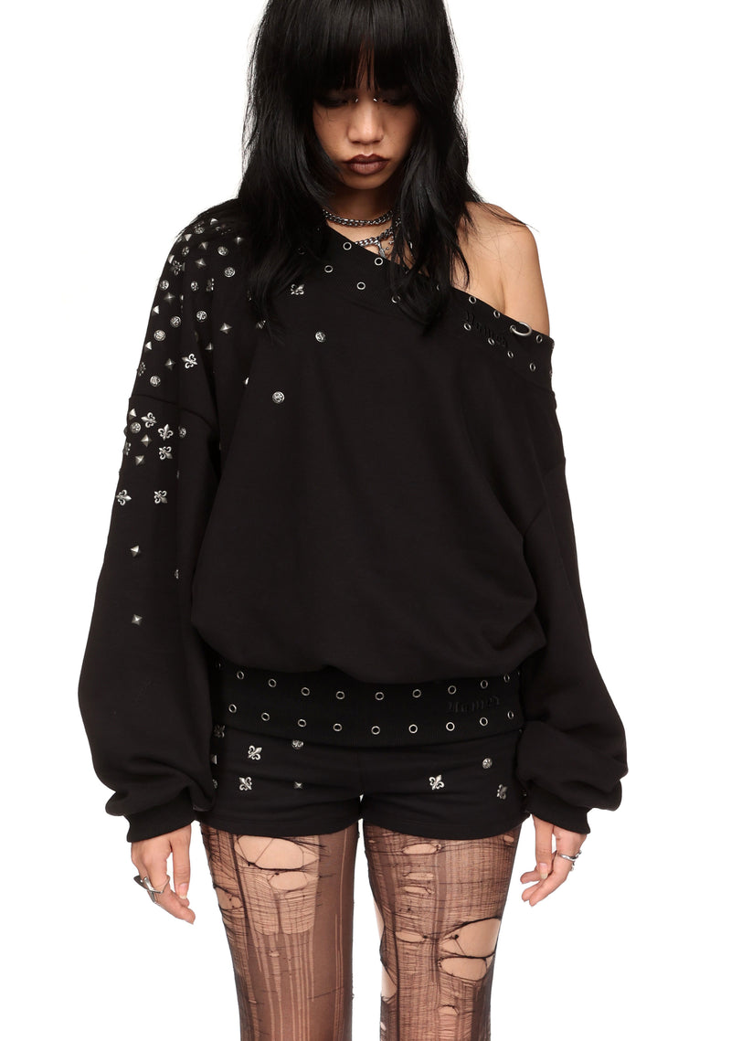 MIDNIGHT STUDDED OFF THE SHOULDER SWEATER BLACK