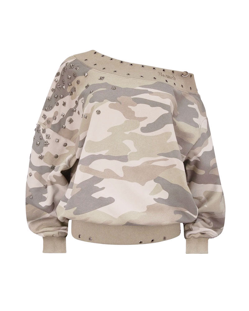 MIDNIGHT STUDDED OFF THE SHOULDER SWEATER CAMO