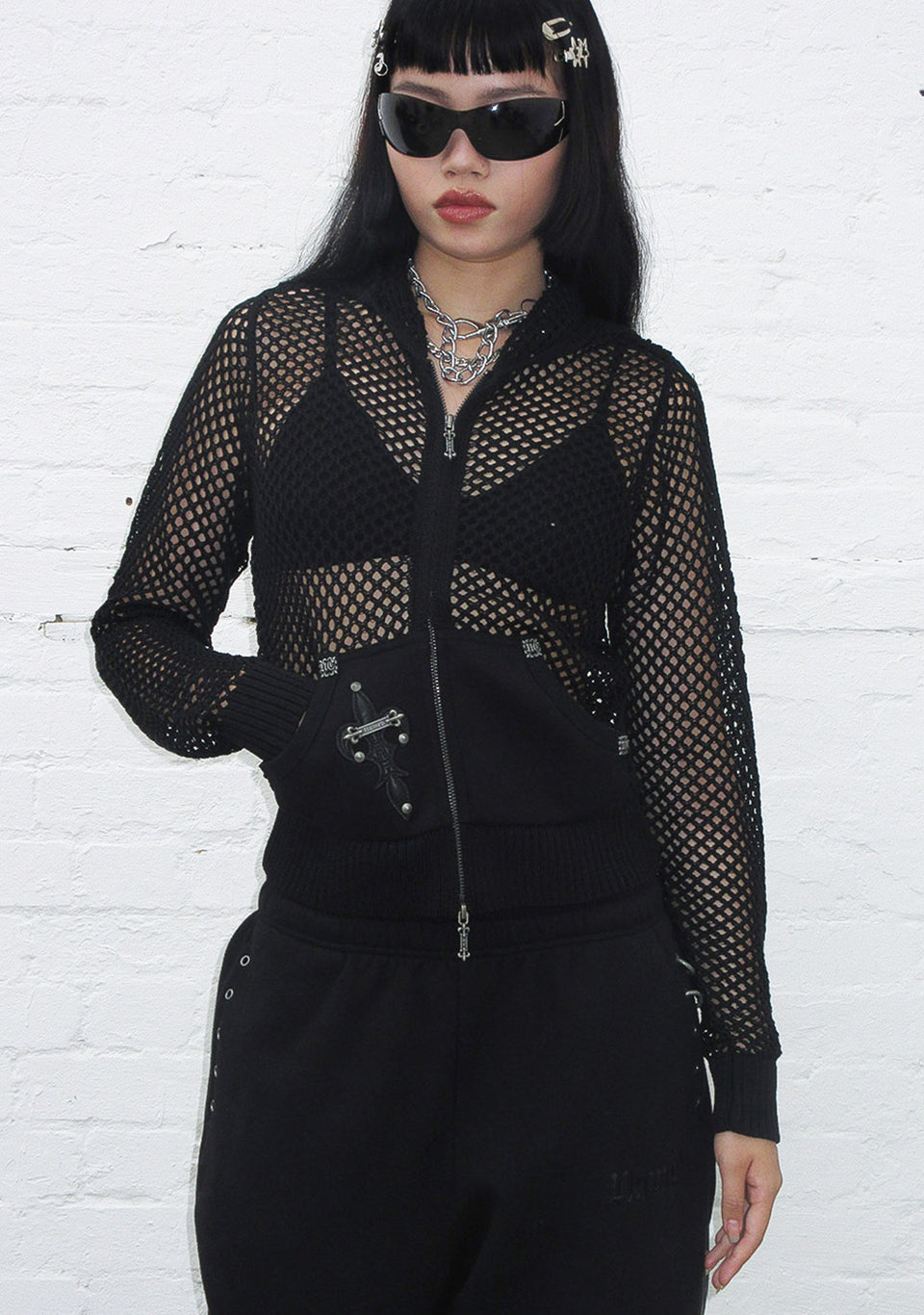 MIDNIGHT MESH KNIT HOODIE BLACK