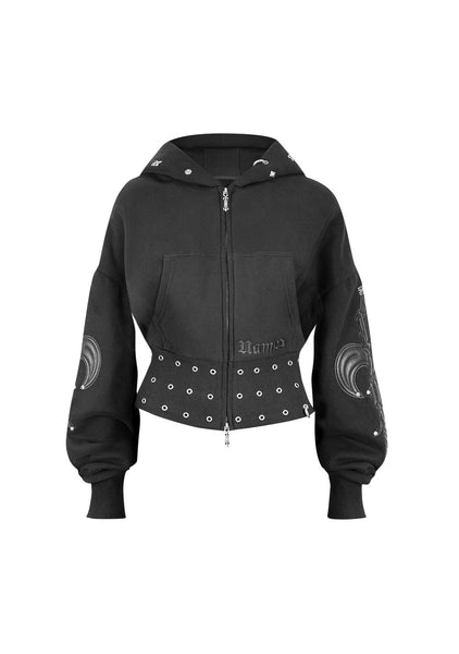 Midnight Studded Fitted Waist Zip Crop Hoodie Black – NAMED