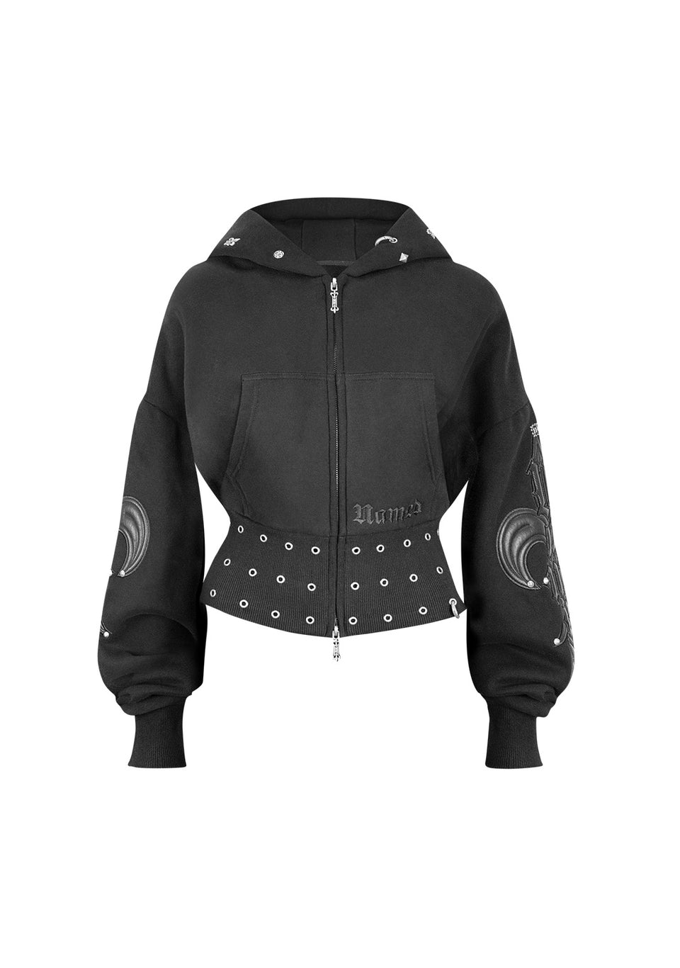 MIDNIGHT STUDDED FITTED WAIST ZIP CROP HOODIE BLACK