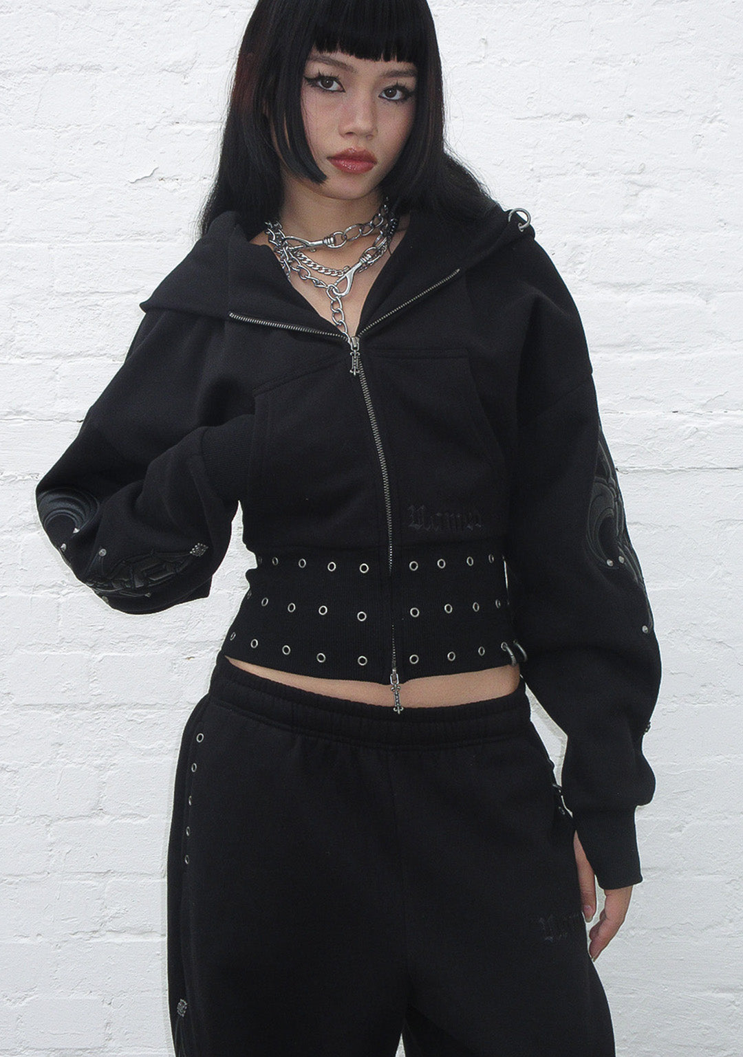 MIDNIGHT STUDDED FITTED WAIST ZIP CROP HOODIE BLACK