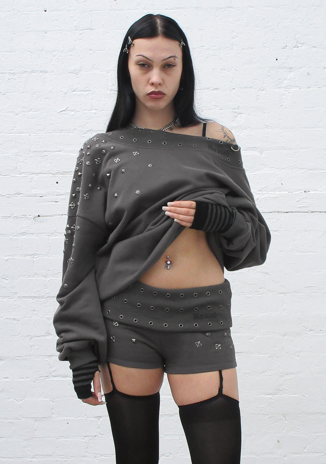 MIDNIGHT STUDDED MICRO HOTPANT SHORTS CHARCOAL