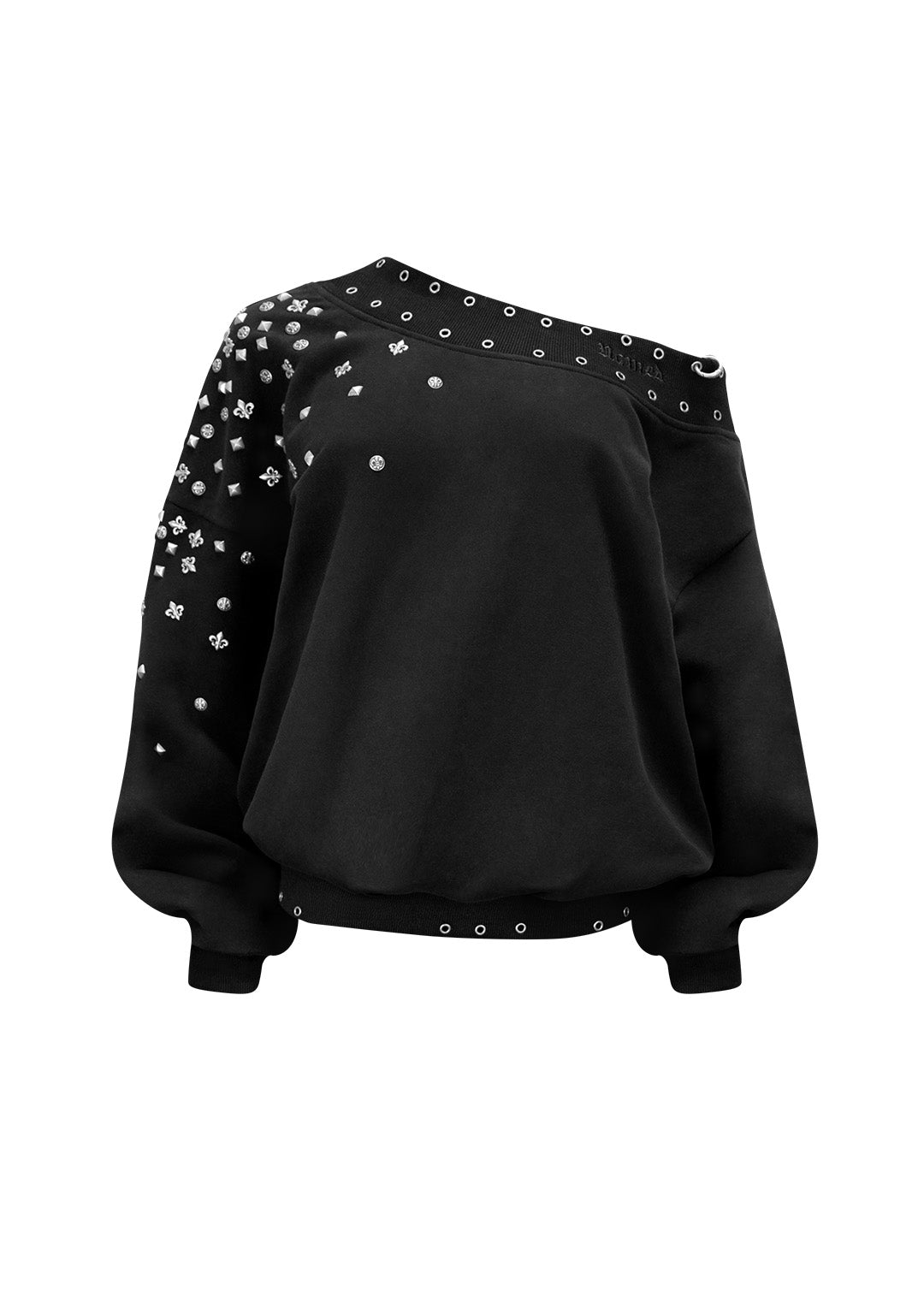 MIDNIGHT STUDDED OFF THE SHOULDER SWEATER BLACK