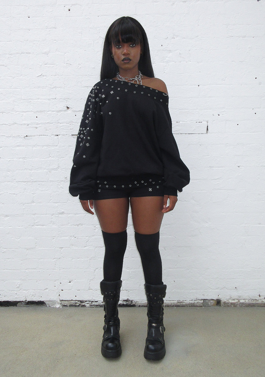 MIDNIGHT STUDDED OFF THE SHOULDER SWEATER BLACK