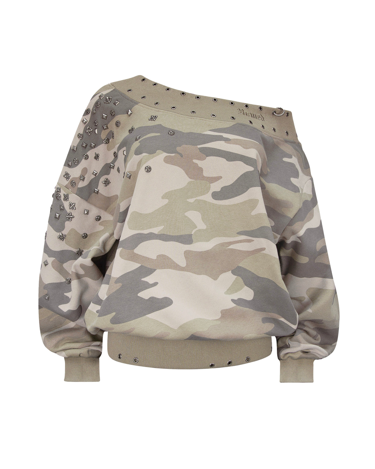 MIDNIGHT STUDDED OFF THE SHOULDER SWEATER CAMO