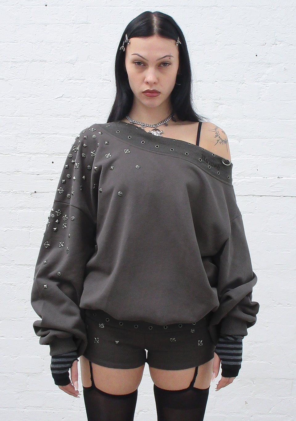 MIDNIGHT STUDDED OFF THE SHOULDER SWEATER CHARCOAL