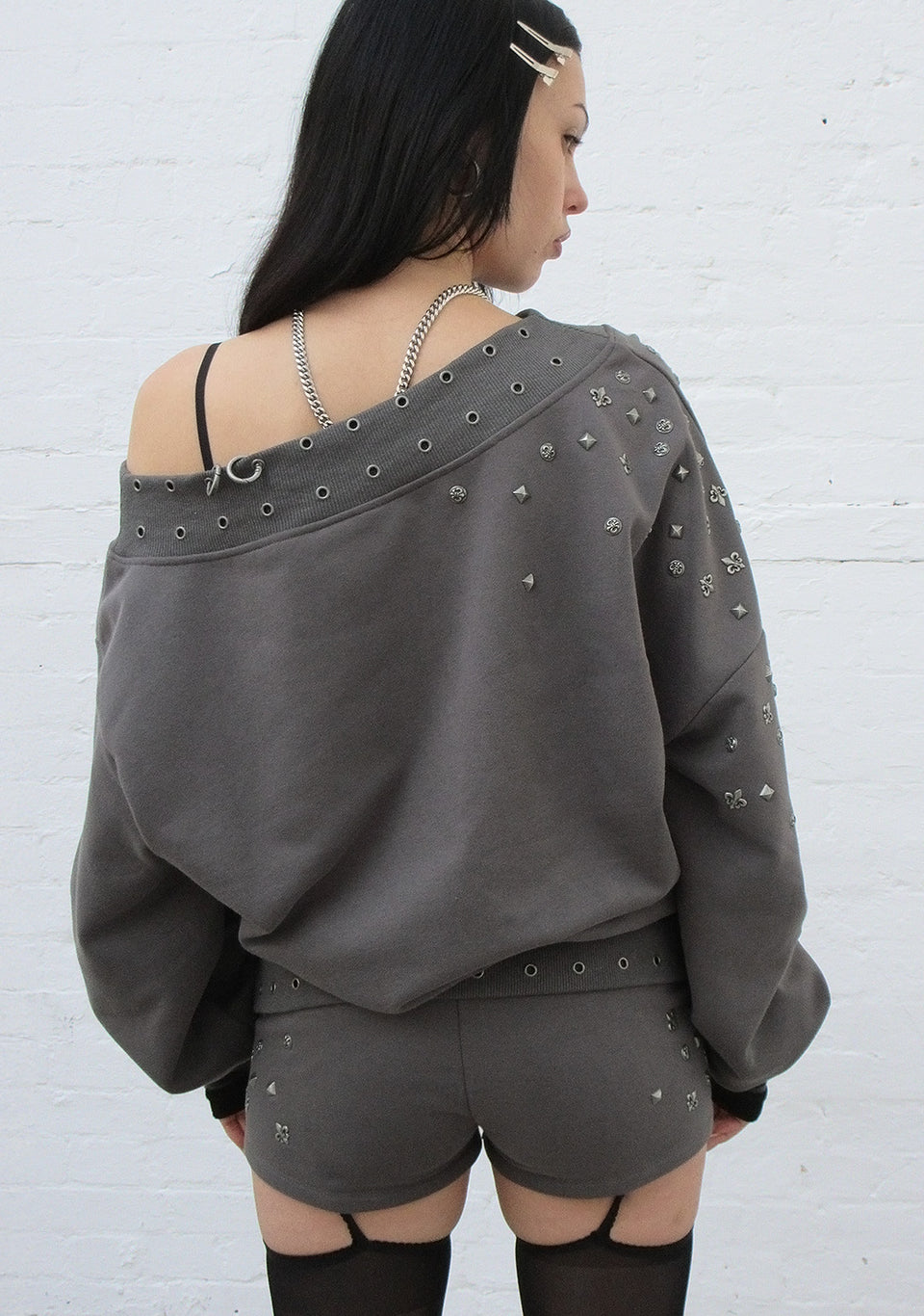 MIDNIGHT STUDDED OFF THE SHOULDER SWEATER CHARCOAL
