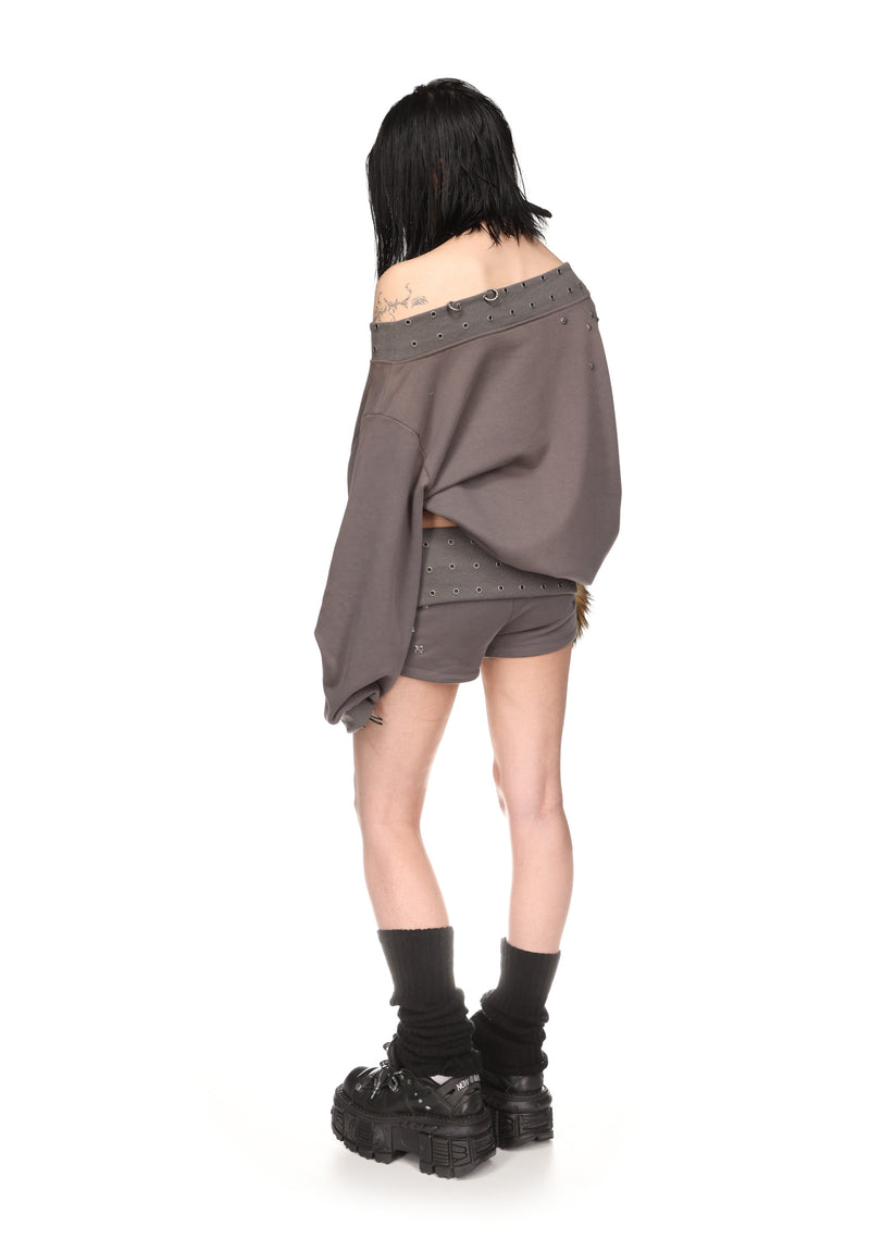 MIDNIGHT STUDDED OFF THE SHOULDER SWEATER CHARCOAL