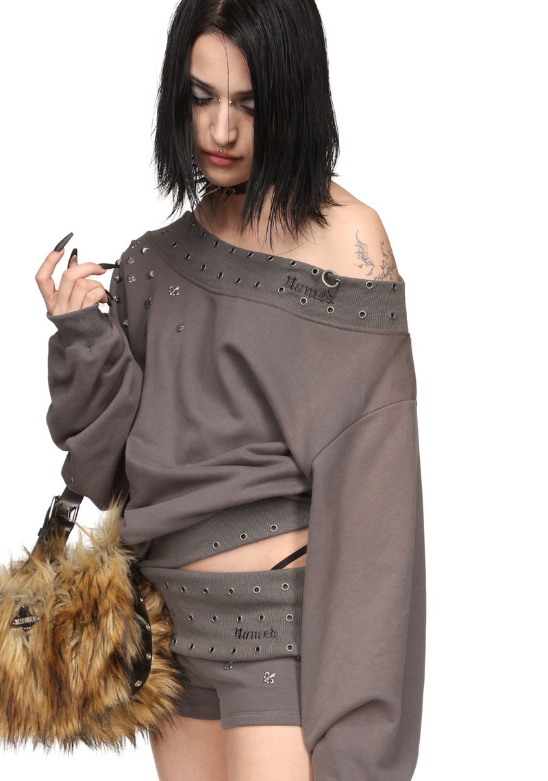 MIDNIGHT STUDDED OFF THE SHOULDER SWEATER CHARCOAL