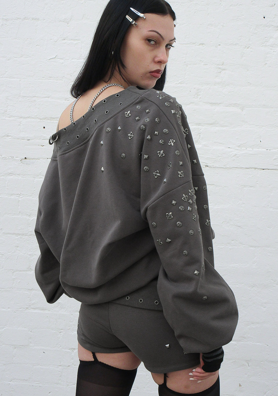 MIDNIGHT STUDDED OFF THE SHOULDER SWEATER CHARCOAL