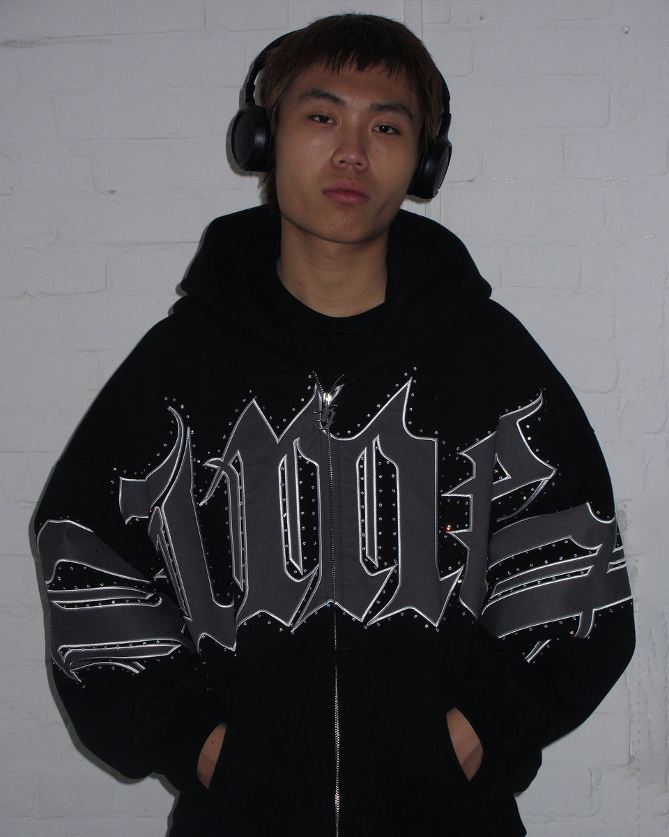 MONSTER RHINESTONE ZIP HOODIE BLACK