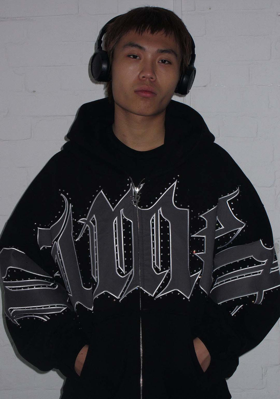 MONSTER RHINESTONE ZIP HOODIE BLACK