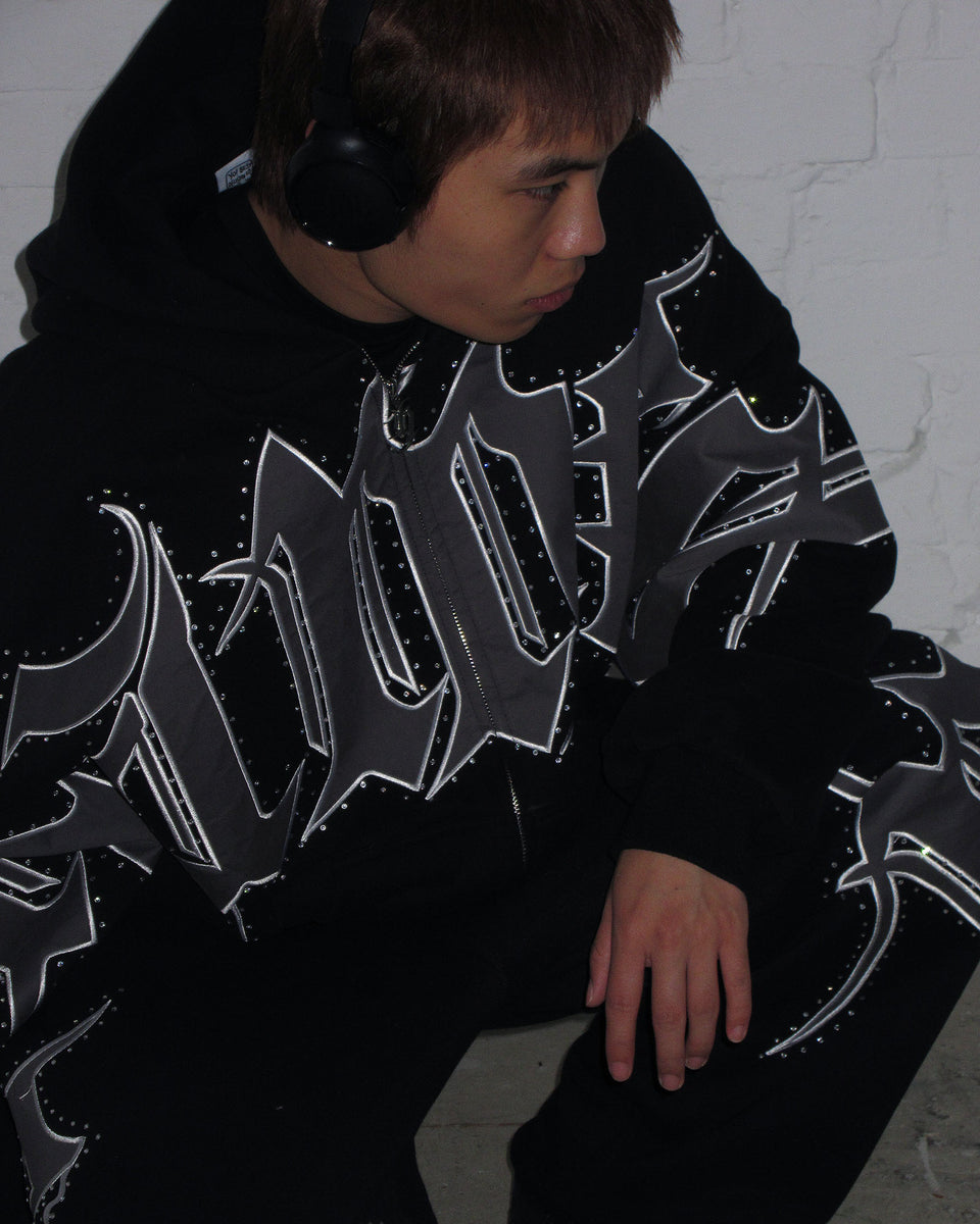 MONSTER RHINESTONE ZIP HOODIE BLACK