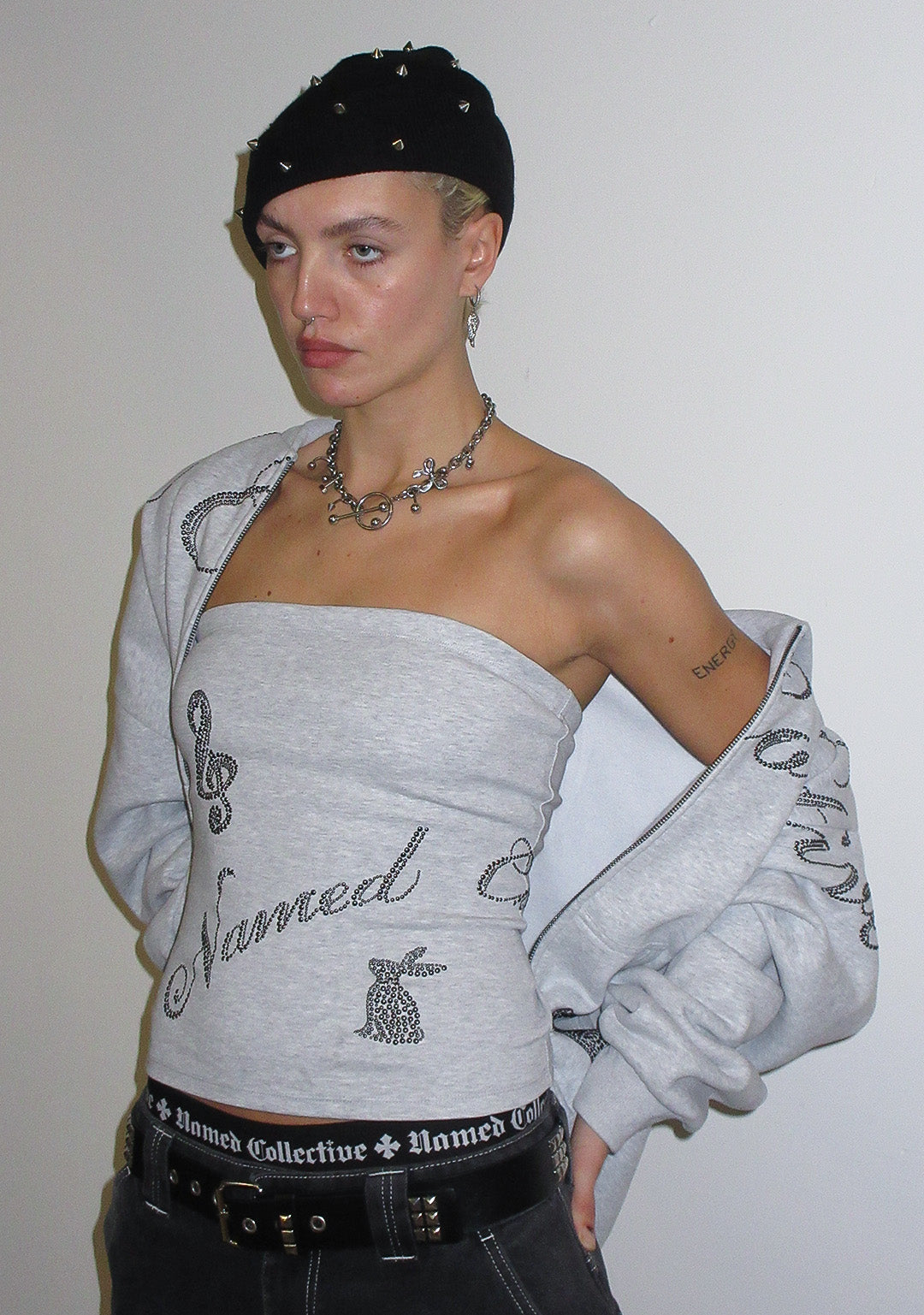 MUSE STUDDED ZIP HOODIE GREY MARL