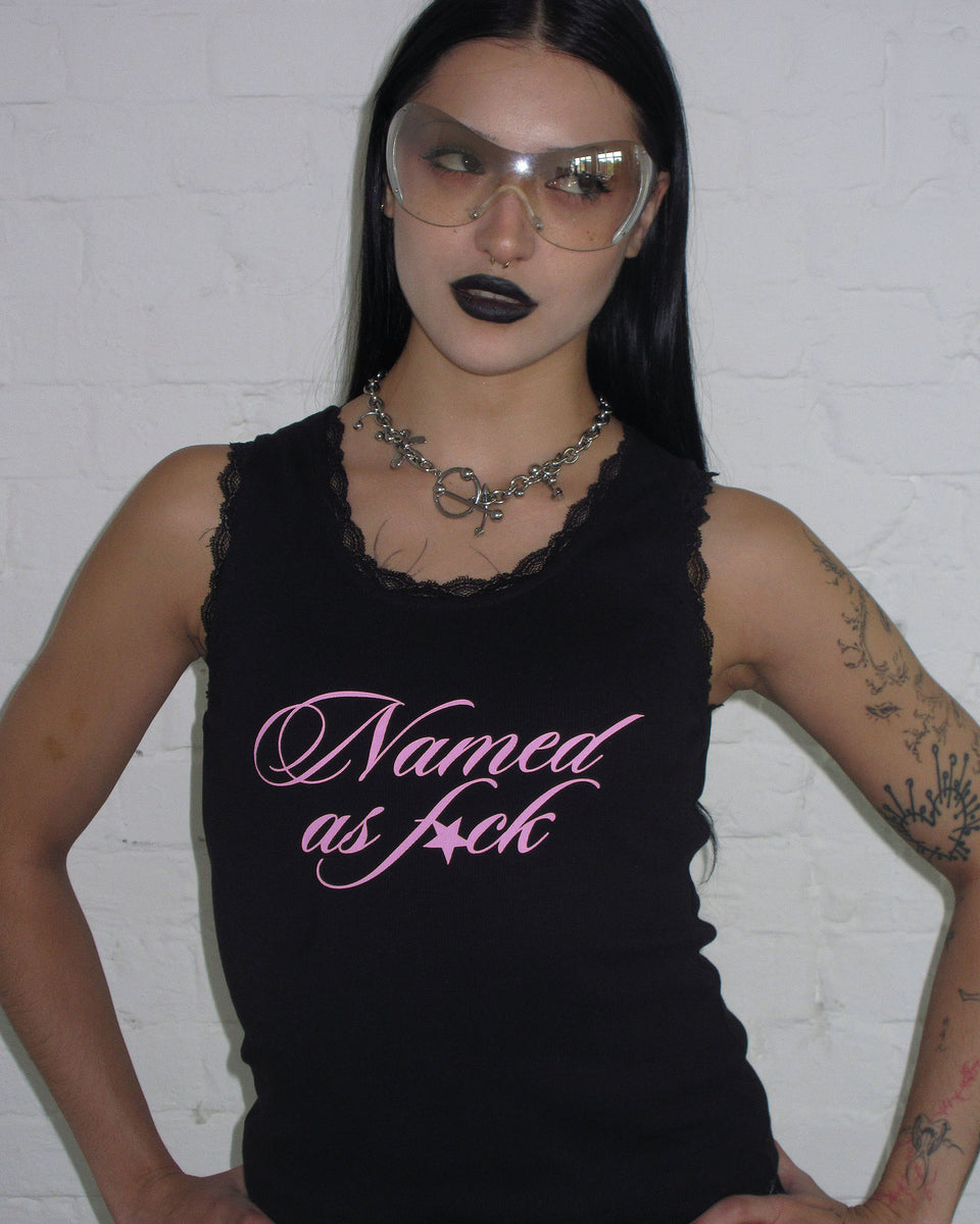 'NAMED AS FUCK' LACE RIBBED TANK BLACK