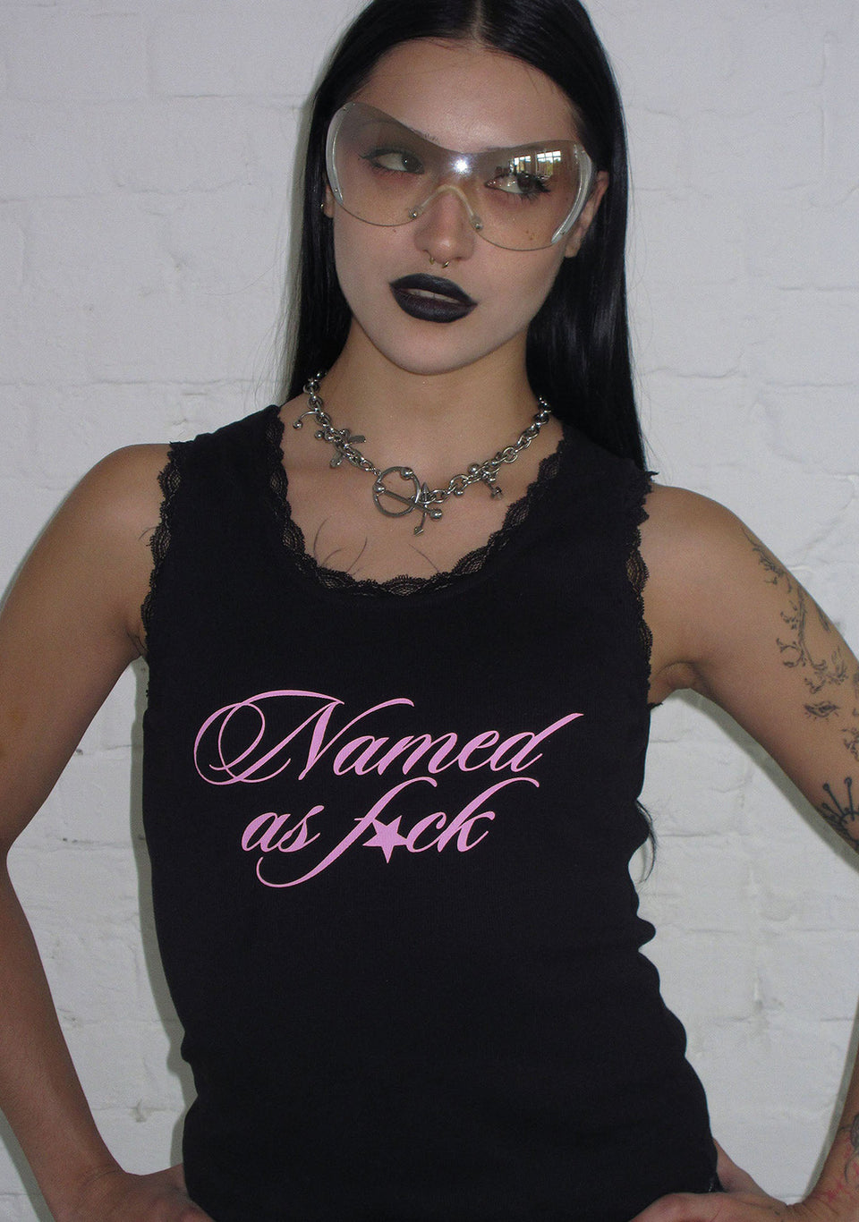 NAMED AS FUCK' LACE RIBBED TANK BLACK