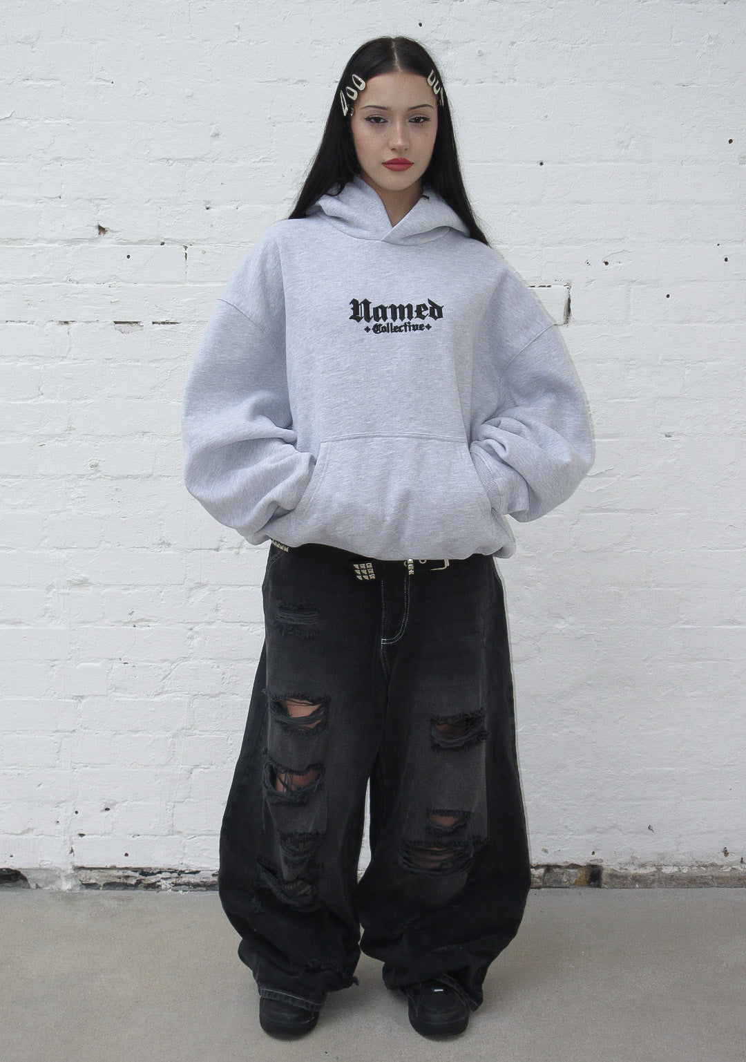 NAMED CLASSICS LOGO PULLOVER HOODIE GREY MARL