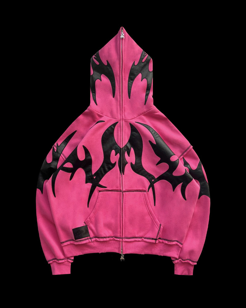 The FLAME ZIP HOODIE PINK POISON by NAMED COLLECTIVE® is shown flat with black flame graphics on pink.