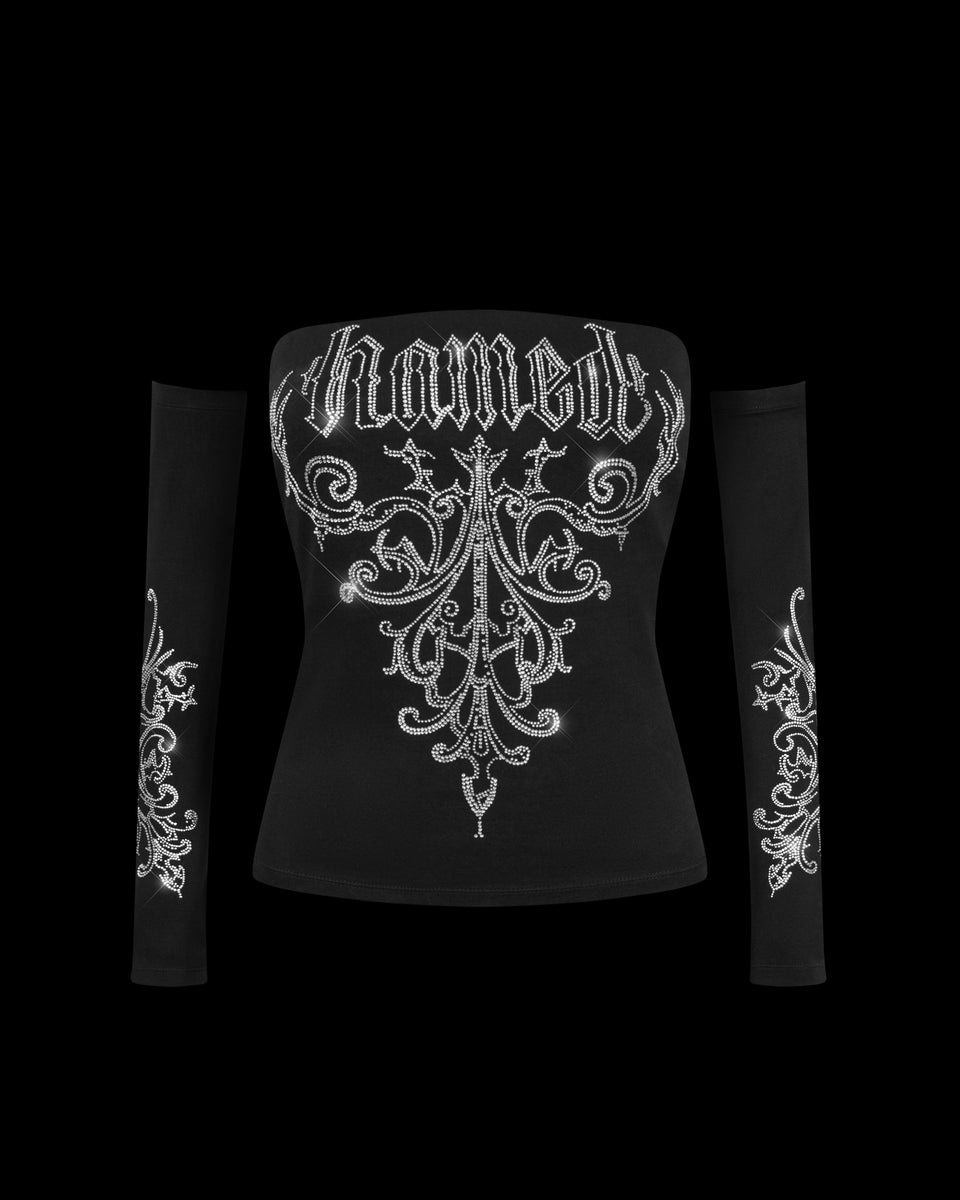 NOCTURNAL RHINESTONE THREE PIECE TUBE TOP SET BLACK (DETACHABLE SLEEVES)
