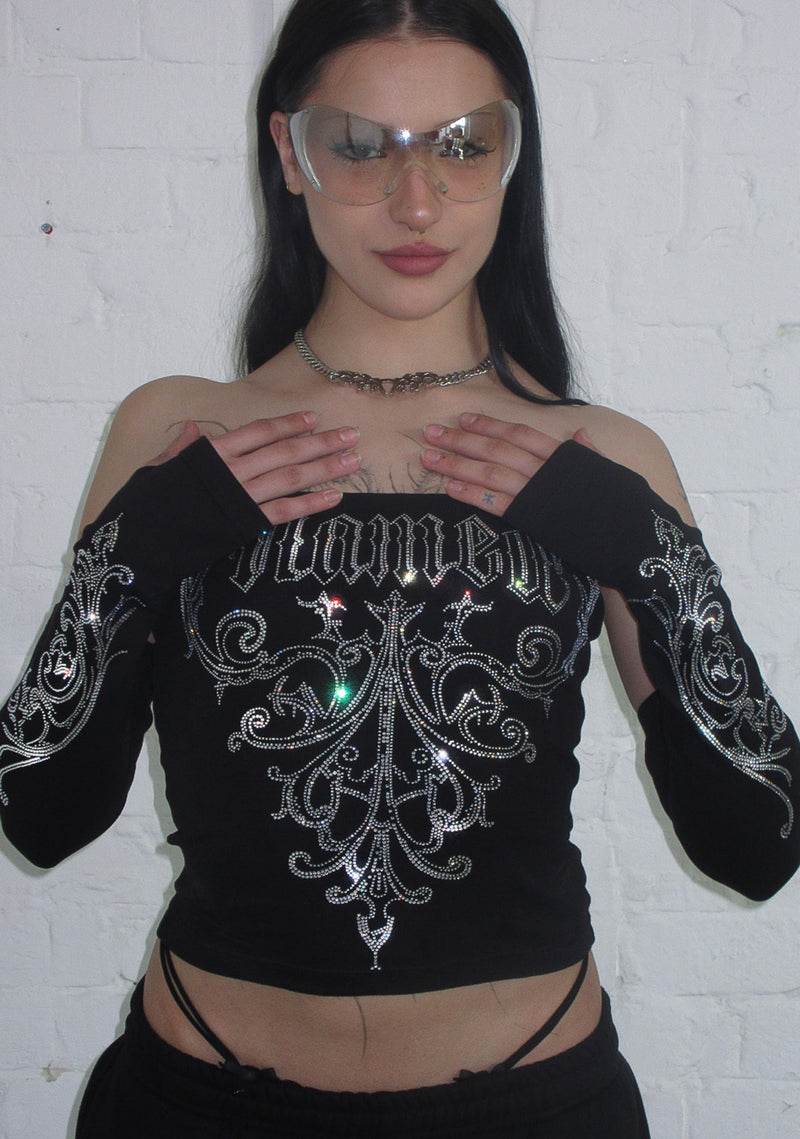 NOCTURNAL RHINESTONE THREE PIECE TUBE TOP SET BLACK (DETACHABLE SLEEVES)