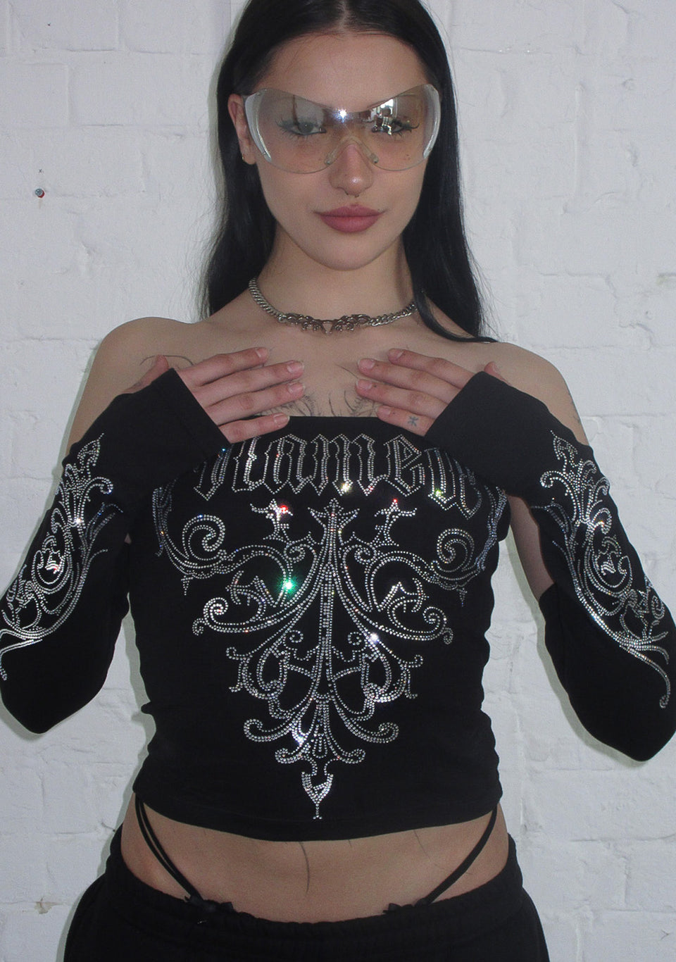 NOCTURNAL RHINESTONE THREE PIECE TUBE TOP SET BLACK (DETACHABLE SLEEVES)