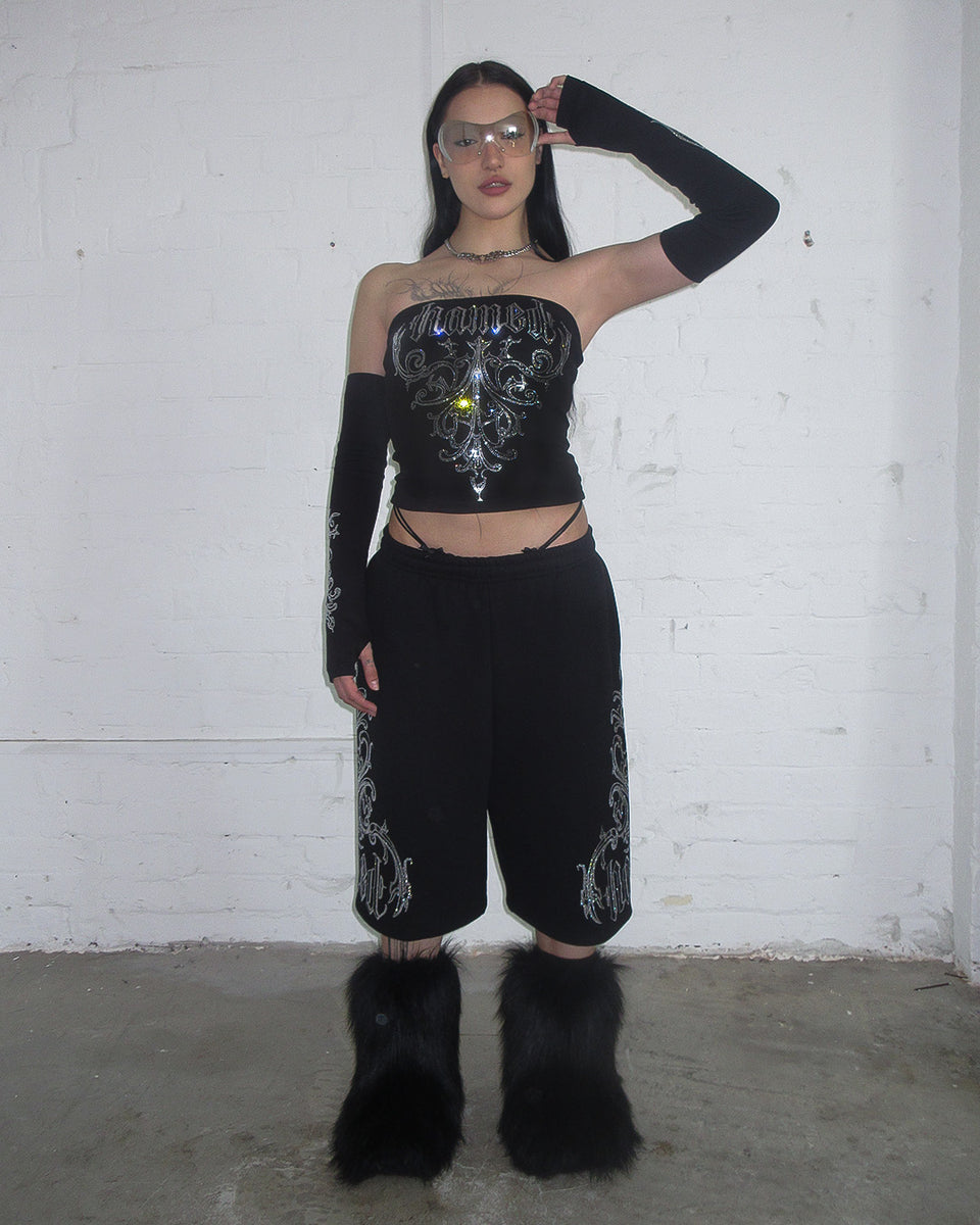 NOCTURNAL RHINESTONE THREE PIECE TUBE TOP SET BLACK (DETACHABLE SLEEVES)