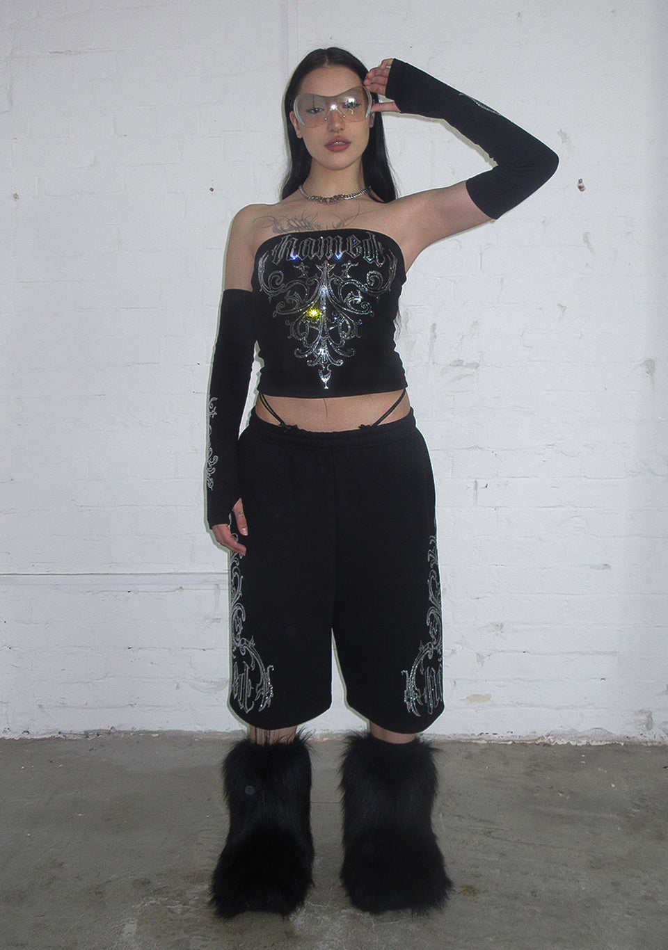 NOCTURNAL RHINESTONE THREE PIECE TUBE TOP SET BLACK (DETACHABLE SLEEVES)