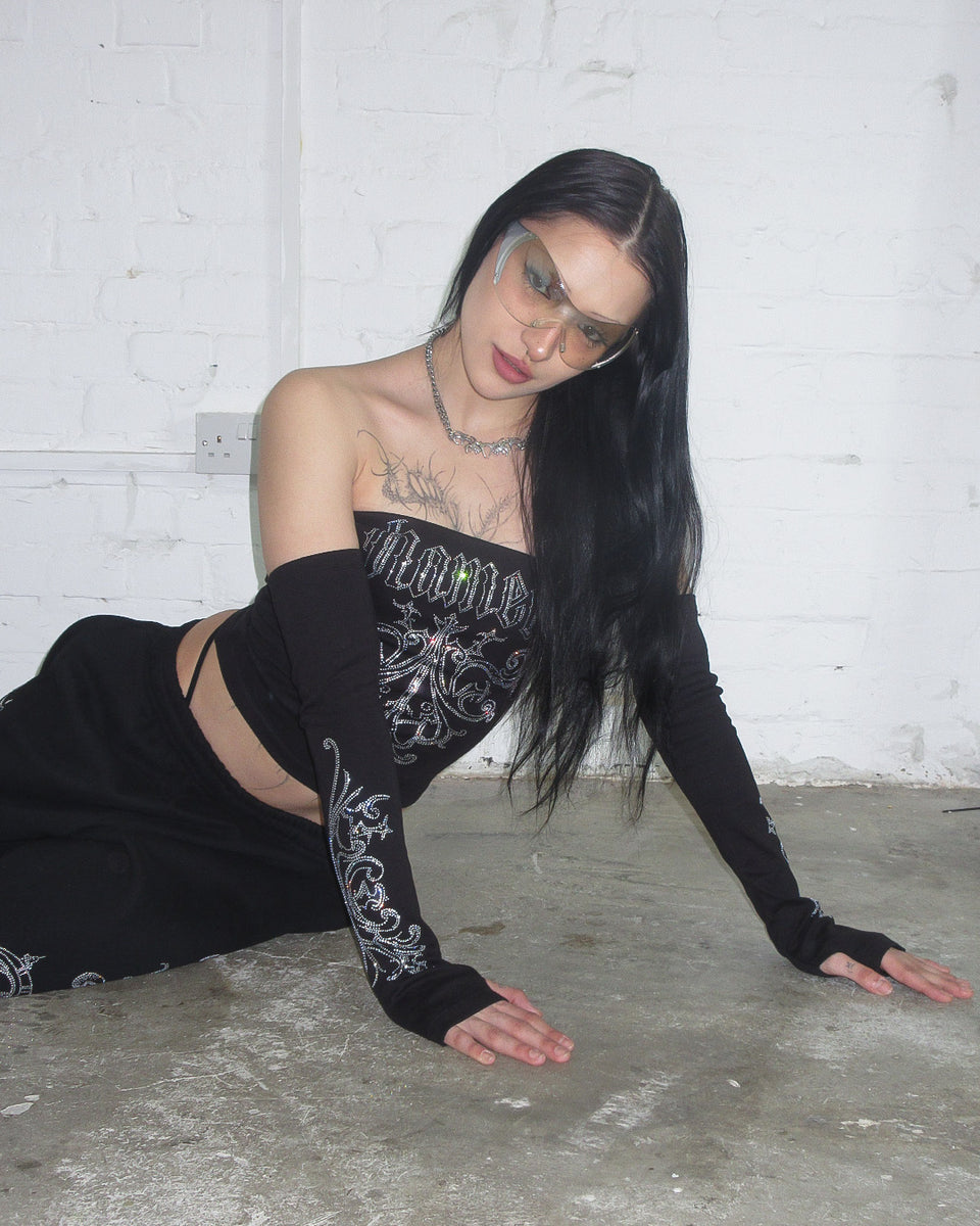 NOCTURNAL RHINESTONE THREE PIECE TUBE TOP SET BLACK (DETACHABLE SLEEVES)