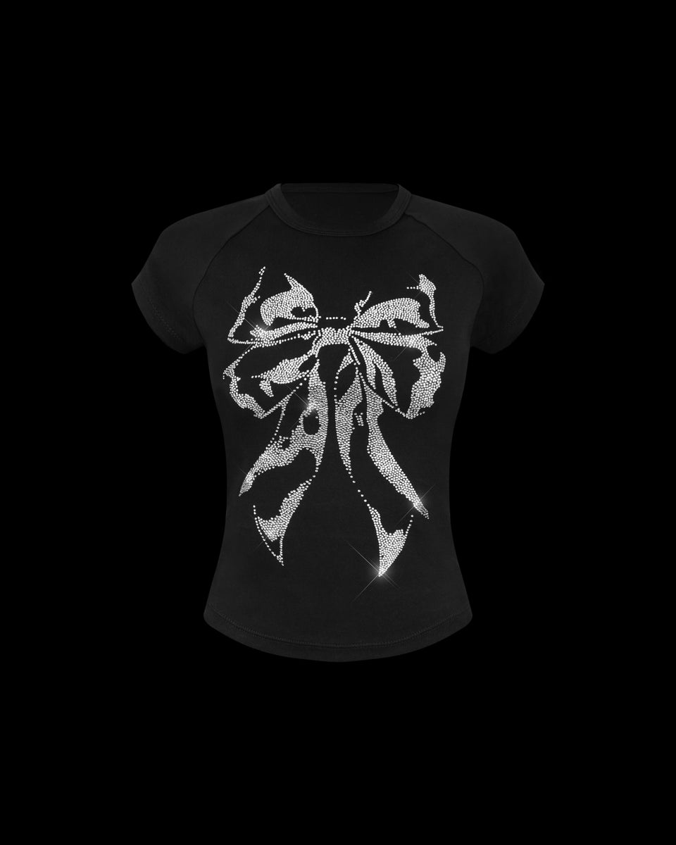 NOCTURNAL RHINESTONE BOW BABY TEE BLACK