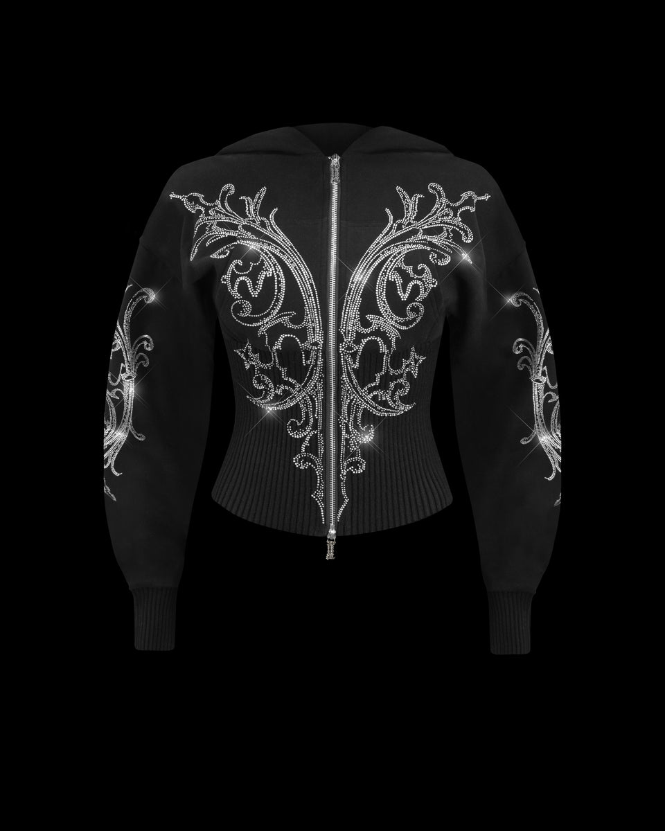 NOCTURNAL RHINESTONE FITTED WAIST ZIP HOODIE BLACK