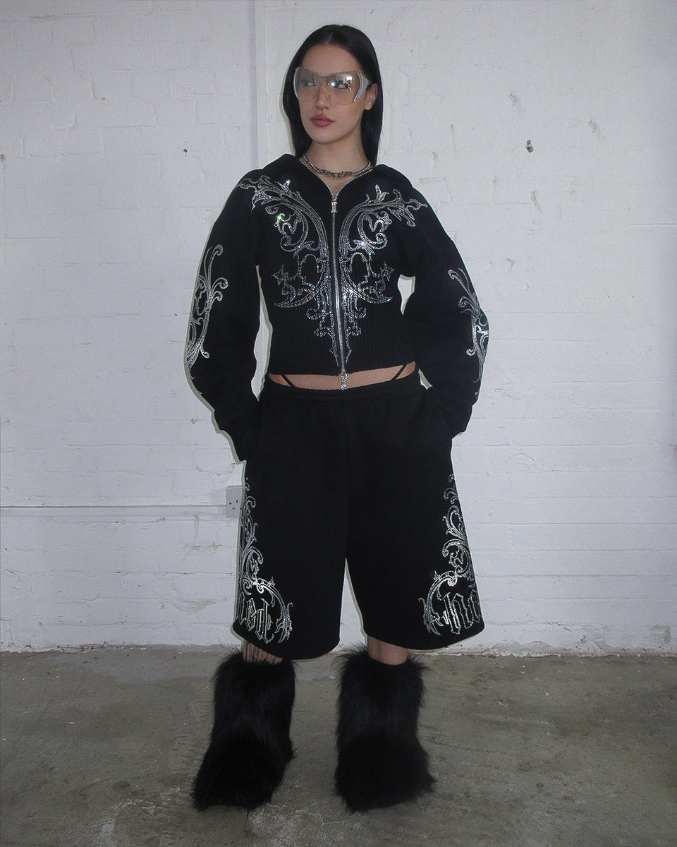 NOCTURNAL RHINESTONE FITTED WAIST ZIP HOODIE BLACK