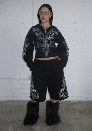 NOCTURNAL RHINESTONE FITTED WAIST ZIP HOODIE BLACK