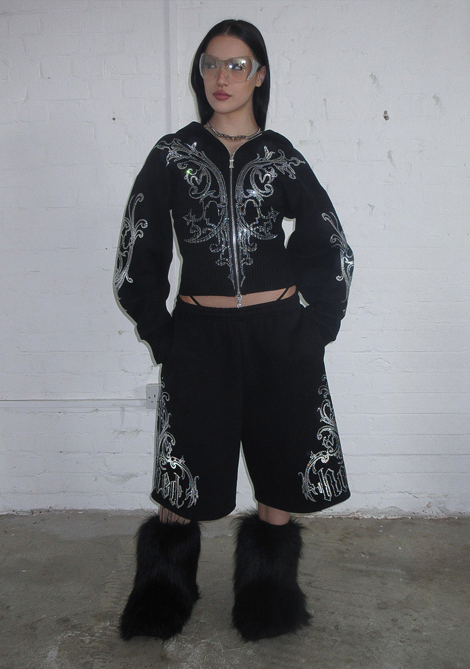 NOCTURNAL RHINESTONE FITTED WAIST ZIP HOODIE BLACK