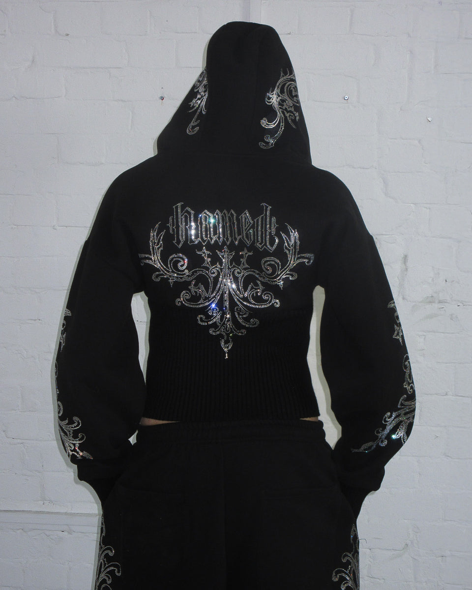 NOCTURNAL RHINESTONE FITTED WAIST ZIP HOODIE BLACK